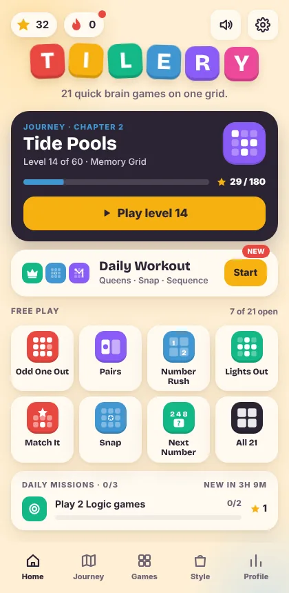 Home screen with the journey, daily workout and free play